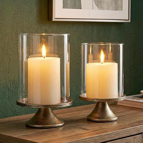 Set of 2 Hurricane Candle Holder Set with Glass Dome & Iron Base | Elegant Decorative Pillar Candle Holders for Living Room, Dining Room & Bedroom Centerpiece - Ideal Home Décor thumbnail 4