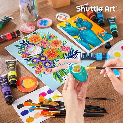 Shuttle Art 48 Pack Acrylic Paint Set, 30 Colors Acrylic Paint (36ml) with 10 Brushes 5 Canvas 1 Paint Knife 1 Palette 1 Sponge, Complete Set for Kids, Adults Painting on Canvas Rocks Wood Ceramic thumbnail 8