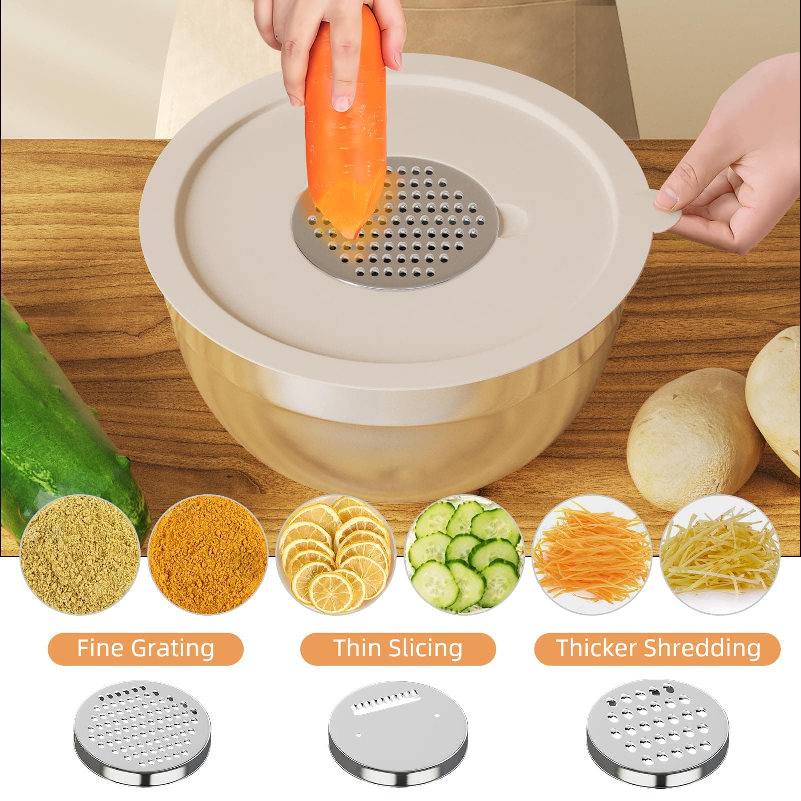 Mixing Bowls with Lids Set, 6 Piece Stainless Steel Nesting Storage Bowls for Kitchen, with 3 Grater Attachments & Non-Slip Bottoms, Size 5.5,3.5,2.5,2.1,1.5,1.1 QT thumbnail 4