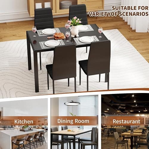 FDW | Dining Table Set for 4 | 5-Piece Glass Black Dining Table | Kitchen Table with 4 Upholstered Chairs and Faux Leather Cushions | Space-Saving and Modern Design | for Dining Room, Easy to Assemble thumbnail 7