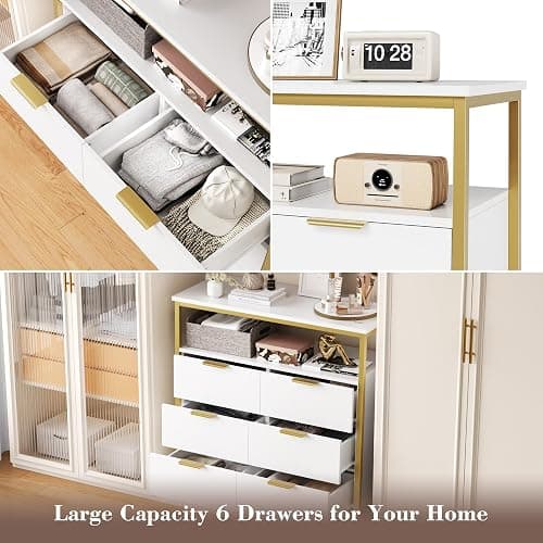 FACBOTALL Modern White Dresser, 6 Drawer Dresser with Shelf, Wood Chest of Drawers with Sturdy Steel Frame, Large Capacity 6 Drawer Chest or Living Room Home thumbnail 6