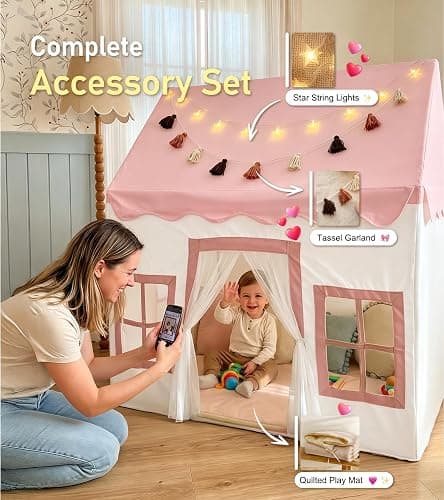 Large Kids Tent with mat, Star Lights, Tissue Garland, Play Tent Indoor & Outdoor, Kids Play Tent for Girl & Boy Aged 3+, Kids Tent for Toddler, 52" x35" x 52" Play House with Windows, Washable, Pink thumbnail 4
