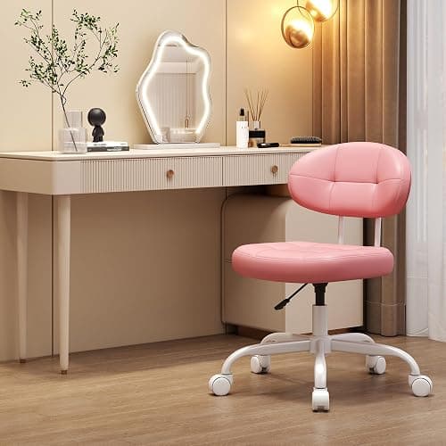 Misolant Vanity Chair with Back, Small Armless Cute Office Chair with Wheels and Lumbar Support, Comfy PU Leather Desk Computer Chairs with Adjustable Height, 360°Swivel for Home Bedroom Office, Pink thumbnail 3