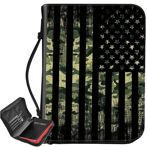 PU Leather Bible Cover Military Camo American Flag Premium Bible Case with Zipper, Durable Christian Bible Protector for Men Women Bible Holder with Inner Pockets for Notebook/Pen/Bible Accessories - Image 1