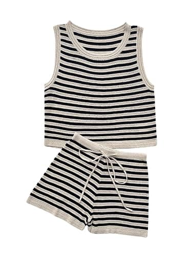 MakeMeChic Women's Two Piece Outfit Striped Crew Neck Tank Crop Top and Drawstring Knit Shorts Set - Image 1