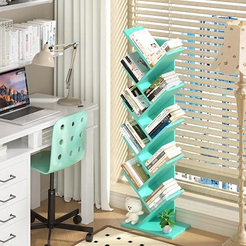 SHEEPAM 10 Tier Tree Book Shelf, Floor Standing Wood Bookshelf for Narrow Space, Storage Organizer Bookshelves for Books/CDs/Magazine, Bookcase with Shelves for Home Office, Living Room - Green thumbnail 6