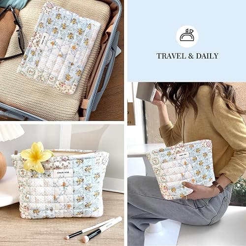 STARDW Cute Cotton Quilted Makeup Bag Cosmetic Bags for Women and Girls,Travel Toiletry Bag Floral Makeup Zipper Pouch, Purse Organizer Pouches,Canvas Lining (Cotton Floral) thumbnail 6