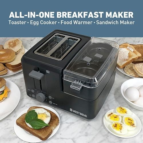 West Bend Breakfast Station 2-Slice Toaster and Egg Cooker/Poacher with Removable Pre-Cooked Meat and Vegetable Warming Tray for Perfect Breakfast Sandwiches, 1200-Watts, Black thumbnail 3