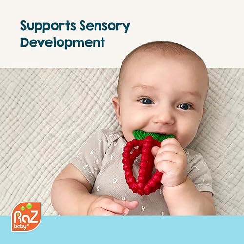 RaZbaby Bites Silicone Baby Teething Toy – Sensory Toy with Textured BerryBumps for Teething Relief, Easy-to-Hold Fruit Shape, BPA-Free, Soothes Front & Back Teeth – Gift for Babies, 3 Months+, Pink thumbnail 3