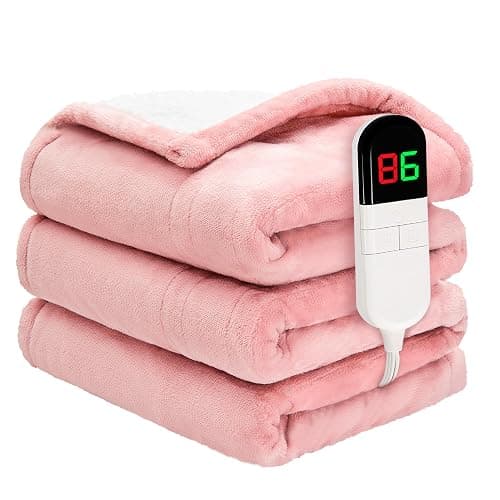 PTQ Heated Throw Blanket 50"×60" - Premium Cosy Soft Electric Blanket with 6 Heating Levels,Fast Heating Flannel Sherpa Blanket for Bed & Couch - Auto Shut Off/Machine Washable Blanket (Pink) - Image 1