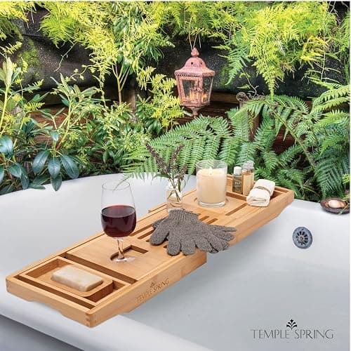 Temple Spring Bamboo Bathtub Tray Caddy for Tub — Expandable Wood Bath Tray with Solid Book Stand Wine Holder and Non-Slip Pads — Includes Bamboo Soap Dish and Spa Accessories — Luxury Bath Gift Set thumbnail 6