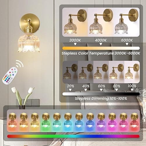 Vintage Battery Operated Wall Sconces: Set of 2 Rechargeable Wireless Decor | 5000mAh Cordless Dimmable Lights Remote Control, Antique Brass Powered Sconce, Cognac Flower Glass Light for Bedroom Bedside thumbnail 4