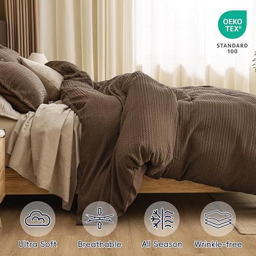 PHF Soft Waffle Duvet Cover Queen Size- Luxury Textured No Snagging Waffle Weave Comforter Duvet Cover(90"x90") with 2 Pillow Shams,3 Pieces Breathable Bedding Set for All Season, Cocoa Brown thumbnail 2