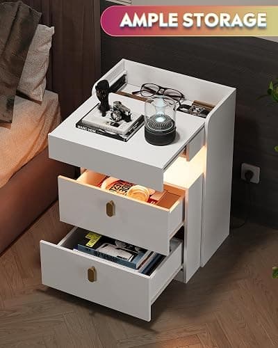 WLIVE White Nighstand with Charging Station and LED Lights, Night Stand with Sliding Top, Modern Bedside Table with 2 Drawers, End Tables for Bedroom, Living Room, White thumbnail 4