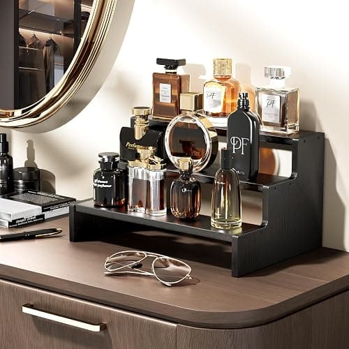 ProCase Wooden Cologne Organizer for Men, 3 Tier Perfume Organizer, Mens Cologne Stand Holder Storage, Display Riser Shelf Rack for Fragrances Candles Cosmetics Cupcake Figure Spice -Black thumbnail 2