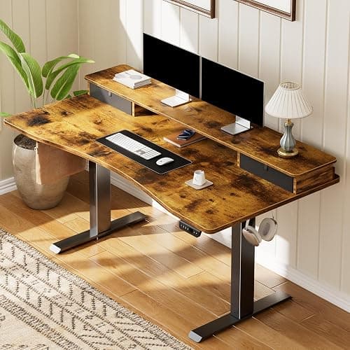 Veken 47.2"×27.6" Standing Desk with Storage Drawers, Adjustable Height Computer Table with Monitor Shelf, Home Office Desk for Study, Gaming, Workstation, Brown thumbnail 2