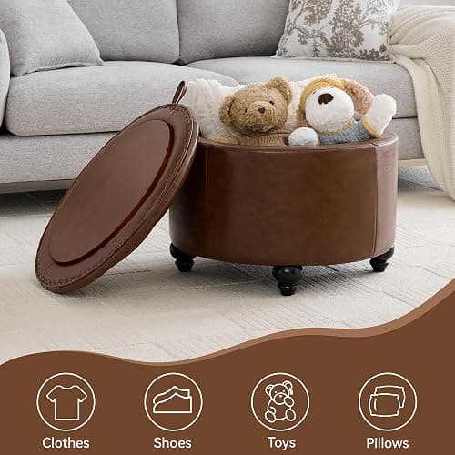 WUTUTUEE 24Inch Round Storage Ottoman with Tray, Modern Tufted Leather Circle Coffee Table with Storage, Upholstered Ottoman with Removable Top for Living Room, Bedroom, Leather Coffee thumbnail 6