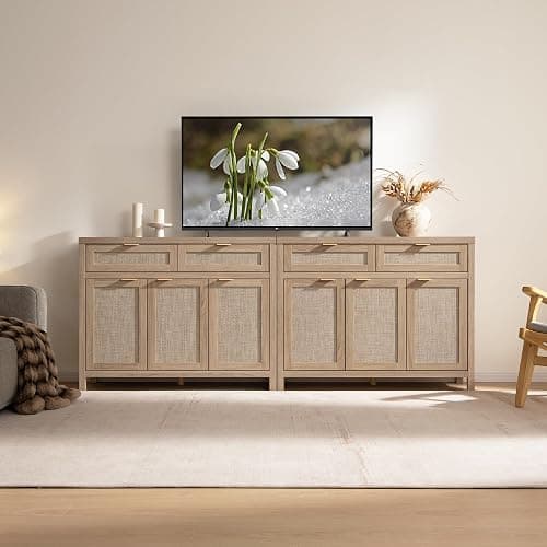 SICOTAS Rattan Sideboard Buffet Cabinet with Storage, Boho Credenza Accent Cabinet with 3 Doors and 2 Drawers, Farmhouse Console Coffee Bar for Kitchen, Living Room, and Entryway, Light Oak - Reclaimed Light Oak - 1 Piece thumbnail 7