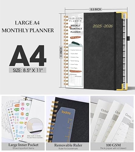 Academic Planner 2025-2026, Weekly and Monthly Calendar Planner from July 2025 - June 2026, 8.5" x 11" Hardcover Leather Hourly Appointment Book with Tabs, Spiral Daily Planners for College School Teacher Student, Black thumbnail 5
