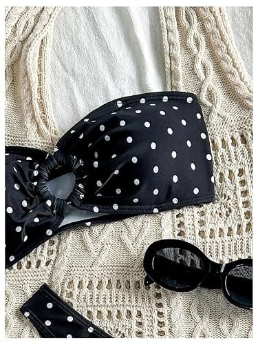 GORGLITTER Women's Polka Dots Bandeau Bikini Set Strapless Ring Linked Top High Cut 2 Piece Vintage Summer Swimsuits thumbnail 3