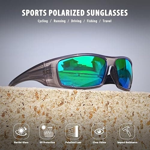 Ofwin Polarized Sports Sunglasses for Men Women Unbreakable Frame Cycling Fishing Wrap Around Sunglasses UV400 Protection - Glossy Gray Silver Frame/Green Mirror Lens thumbnail 5