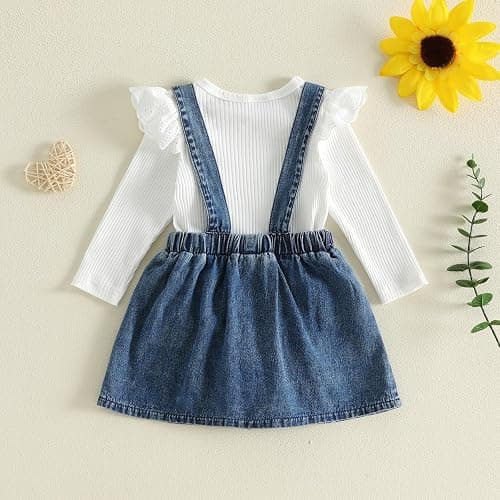 XIXIMAON Summer Fall Baby Girl Clothes Ribbed Romper Denim Skirt Set 2pcs | Infant Baby Girl Autumn Winter Outfits Solid Color Ruffle Long Sleeve Ribbed Knit Romper Bow Front Denim Overall Dress Set thumbnail 6