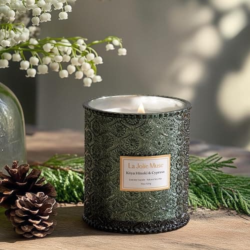 LA JOLIE MUSE Kōya Hinoki & Cypress Scented Candle – Pine, Leather & Hinoki | 19 oz Festive Christmas Candle | Wooden Wick | Clean Burn & Vibrant Scent | Fun Gift for Hosts & Fall Tablescapes thumbnail 3