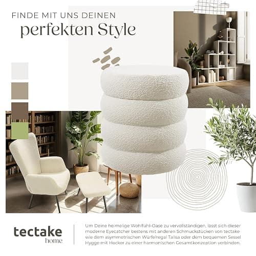 tectake® Hocker mit Stauraum, Scandi Sitzhocker Bouclé Teddy Stoff, Pouf, Polsterhocker rund für Schminktisch, Wohnzimmer Möbel, als Flur Möbel, Stauhocker Wohnen, Ø 42 x 47 cm - Bouclé Creme-weiß thumbnail 8