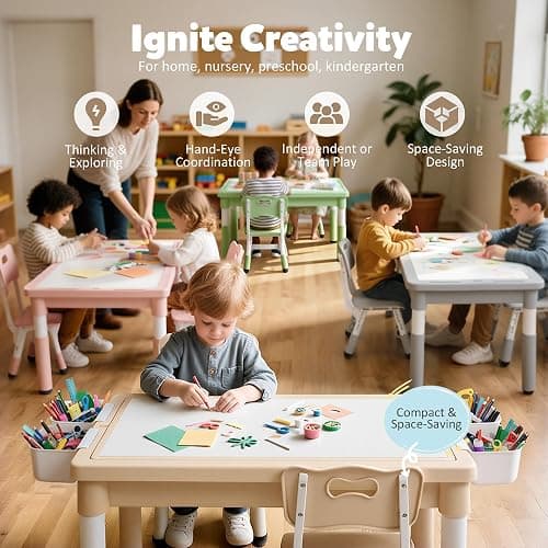 TODEFULL Kids Table and Chairs Set Large Storage, Height Adjustable | Toddler Activity Table and 2 Chairs Set, 34.6x24.8" Graffiti/Block Building Desktop, 4 Side Box, Kids desk for Home Preschool thumbnail 6