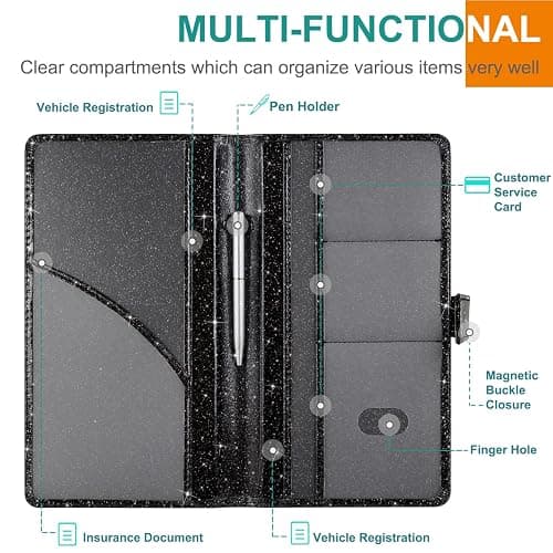 RSAquar Car Registration and Insurance Holder, Vehicle Glove Box Organizer Cool Car Accessories, Auto Truck Document Holder for Cards, Driver License, Black Glitter thumbnail 4