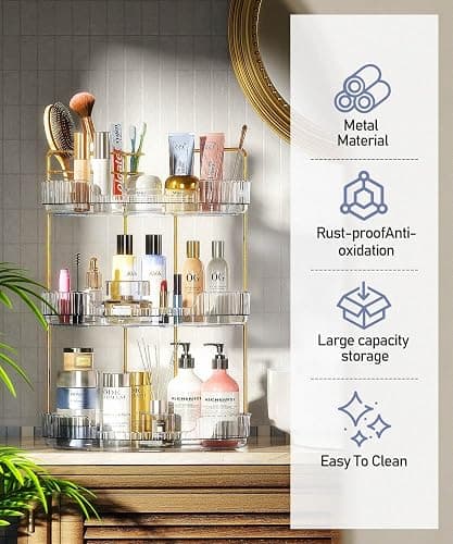 EUHOME 3-Tier Corner Bathroom Counter Organizer Makeup Cosmetic Storage, Tool-Free Installation Acrylic Vanity Shelf, Countertop Storage Organizers Perfume Tray for Bathroom, Dresser, Kitchen (Clear) - Clear - 9" x 9" x 20.5" thumbnail 3