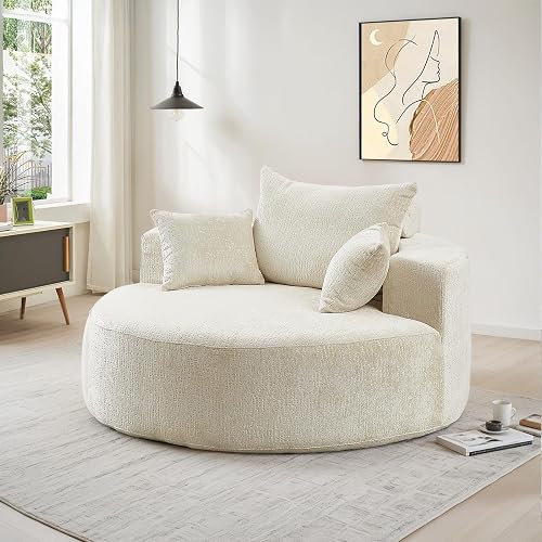 Oversized Round Chaise Longue Chair Indoor, Modern 55-inch Upholstered Chenille Deep Seat Circle Single Cloud Lounge Floor Sofa Chair for Living Room, Bedroom Apartment, Beige thumbnail 3