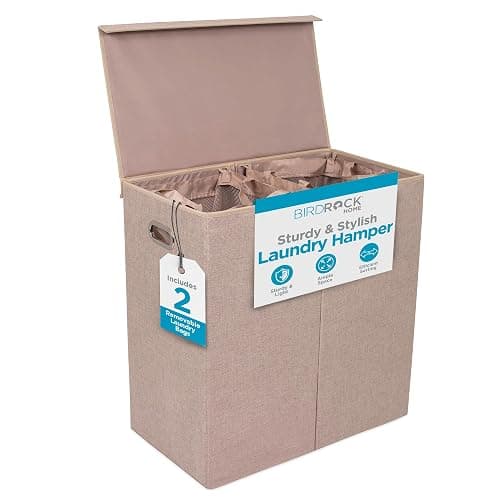 BirdRock Home Double Laundry Hamper with Lid and Removable Liners | Linen | Easily Transport Laundry | Foldable Hamper | Cut Out Handles - Image 1