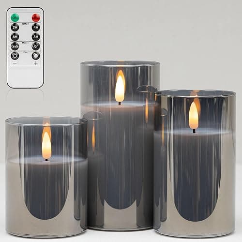 ANGELLOONG Grey Fake Candles Battery Operated, Flickering Flameless Candles with Timer and Remote, Glass LED Electric Pillar Candles Set of 3 for Home Coffee Table Bathroom Decor - Image 1