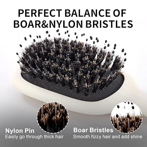 Jurrissa Mini Boar Bristles Hair Bursh, Travel Size Hair Brush for Women Men Kids, Protable Small Hair Brush for Pockets Purses, Mini Detangler Brush for Smooth Add Shine(White) thumbnail 3