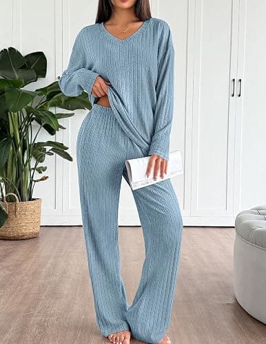 Ekouaer Lounge Sets for Women Long Sleeve Knit Ribbed Pajama Sets 2 Piece Casual Loungewear with Pockets thumbnail 3