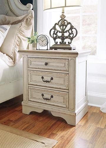 Signature Design by Ashley Realyn French Country 3 Drawer Nightstand with Electrical Outlets & USB Ports, 27.75" Tall, Chipped White thumbnail 2