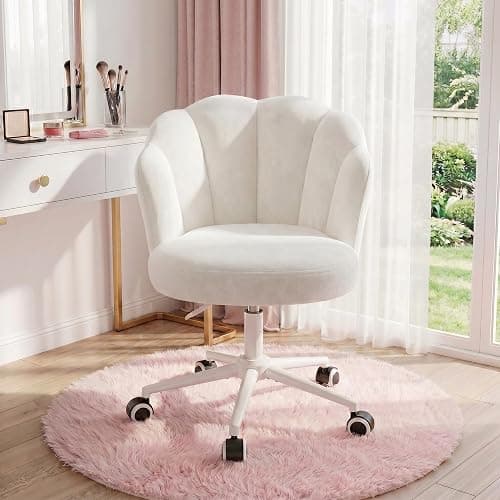 Homkdom Desk Chair with Wheels & Petal Back | Height Adjustable, 360 Swivel, Armless Design, Stylish and Comfortable for Home Office, Study Room - White thumbnail 13