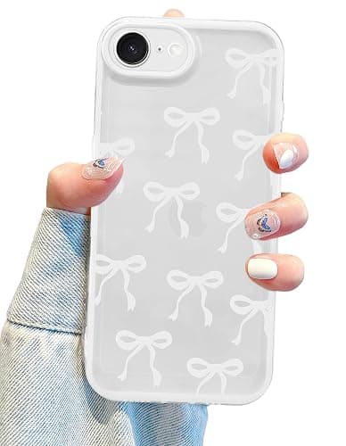 Jusy Compatible with iPhone 7/8/SE Bow Phone Case, Cute Clear Ribbon Bowknot Pattern Aesthetic Soft TPU Transparent Cases Protective Phone Cover for Women Girly - White - Image 1