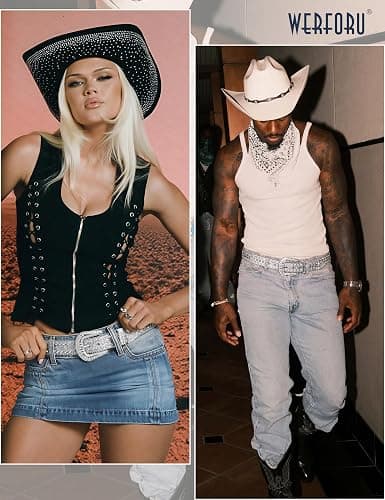 WERFORU Women Men Western Rhinestone Studded Leather Belt Unisex Bling Cowgirl Cowboy Waist Belt for Jeans Pants Dress thumbnail 3