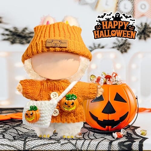 Clothes for LABUBU Doll (NO Doll), 3-Piece Handcrafted Crochet Accessories for LABUBU 17cm Dolls, Premium Fashion Outfit for LABUBU Dress Up - Pumpkin Sweater + Hat + Bag thumbnail 3