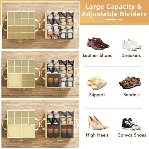 Plus Size 2 Pack Shoe Organizer for Closet, Foldable Shoe Storage Box | 16–24 Pair Shoe Storage for Sneakers, Boots & Heels with Adjustable Dividers, Clear Cover & Space Saving Closet Storage thumbnail 4