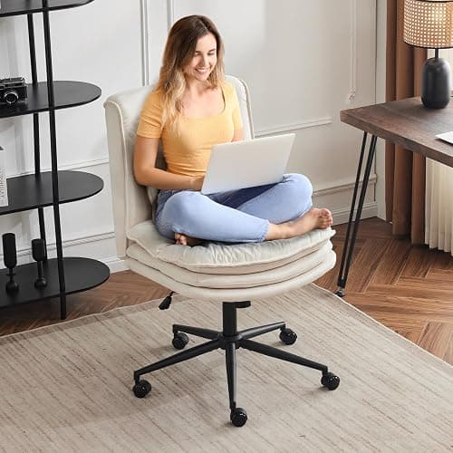 VINGLI Cloud Criss Cross Legged Chair,18" High Back Armless Home Office Desk Chair with Wheels,Wide Adjustable Comfy Padded Seat Task Computer Chair,Modern Swivel Makeup Vanity Chair,Microfiber,Beige thumbnail 2