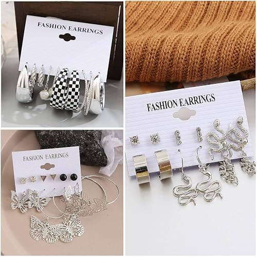 JMScape 37 Pairs Silver Hoop Earrings Set for Women Multipack Fashion Drop Dangle Earring Packs Pearl Studs Butterfly Earrings Hypoallergenic Chunky Hoops Jewelry for Valentine's Day Gifts thumbnail 5