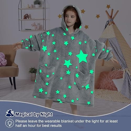 Mewkou Wearable Blanket Hoodie for Kids Oversized Sherpa Blanket Hoodie for Kids Boys Girls Teens 6-13YR,Glow in The Dark Star - Kids 6-13YR - Dark Gray thumbnail 3