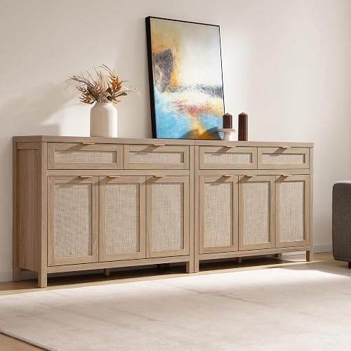 SICOTAS Rattan Sideboard Buffet Cabinet with Storage, Boho Credenza Accent Cabinet with 3 Doors and 2 Drawers, Farmhouse Console Coffee Bar for Kitchen, Living Room, and Entryway, Light Oak - Reclaimed Light Oak - 1 Piece thumbnail 4