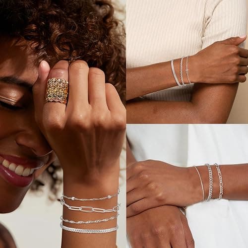 XIANNVXI 10pcs Rose Gold/Gold/Silver Bracelets Stack for Women Dainty Thin Rose Gold Bracelets Set Silver Chain Bracelet Paper Clip Stackable Figaro Herringbone Paperclip Bracelet Pack for Womens thumbnail 2