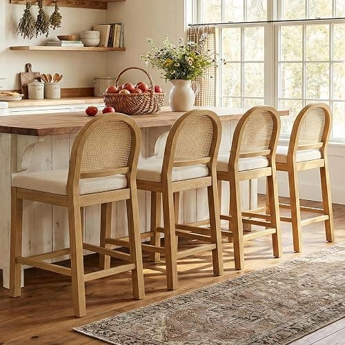 STHOUYN Upholstered Rattan Bar Stools Set of 4, Wooden Counter Height Stools with Natural Rattan Woven Back and Chenille Seat, Mid-Century Modern Island Chairs Barstools for Kitchen (4, Cream White) - Image 1