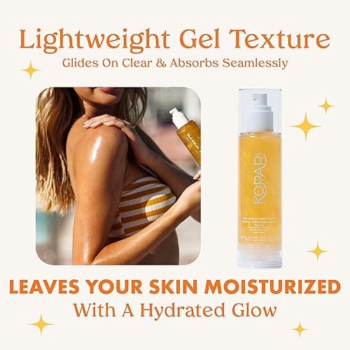 Kopari Sun Shield Body Glow, Broad Spectrum SPF 30, Lightweight Shimmering Gel Texture Absorbs Quickly, Non Sticky, Glowing Results, Golden Amber 5 oz - Golden Amber thumbnail 4