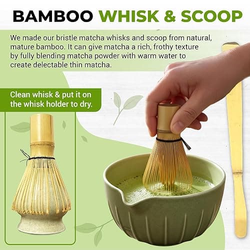 Matcha Whisk Set with Matcha Bowl - Matcha Set Included Electric Frother, Bamboo Whisk, Matcha Spoon, Bamboo Holder, Sifter, Spoon Stand (Mottled Green) thumbnail 5